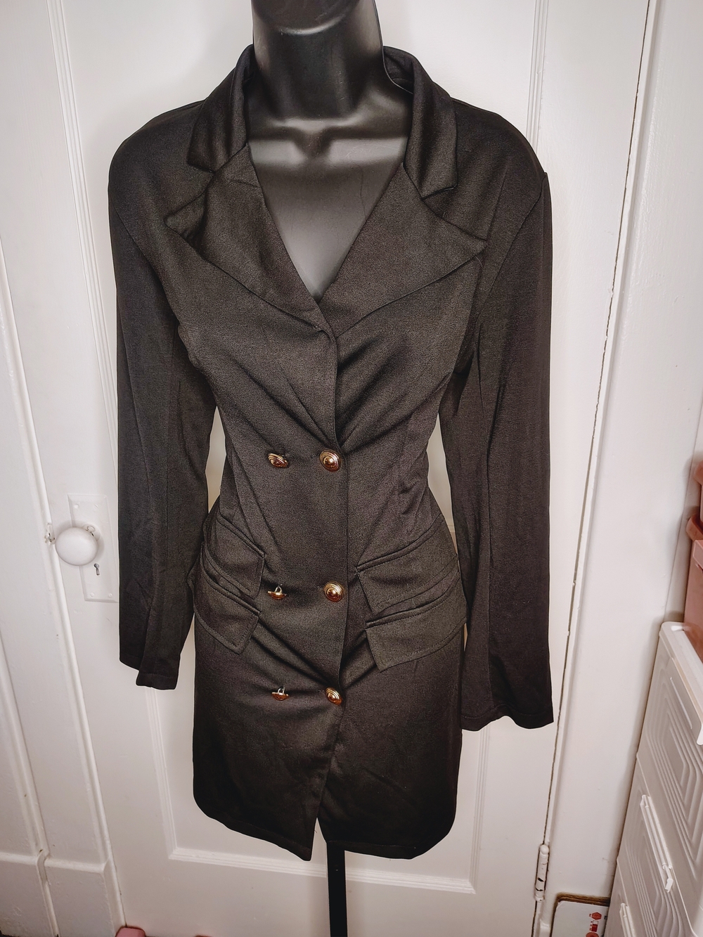 Black Double-Breasted Women's Blazer Dress, Gold Like Buttons NEW
